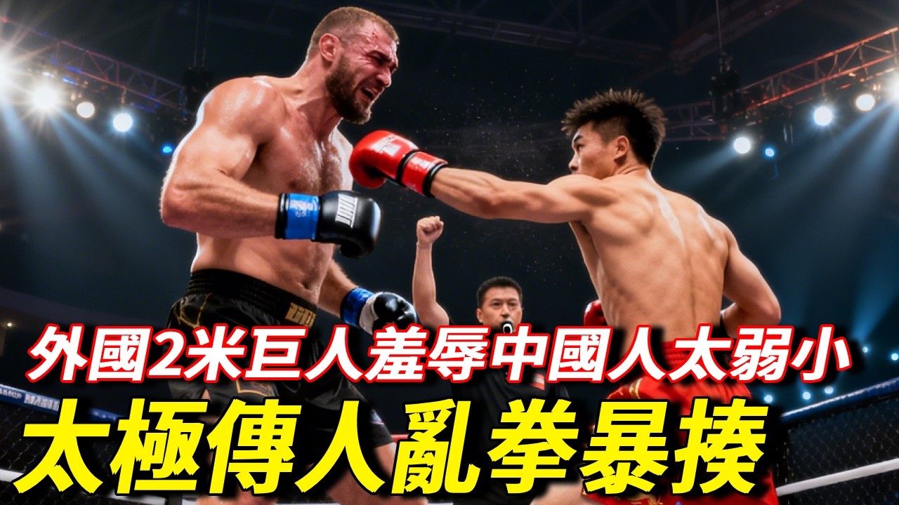 外國2米巨人觉得中國人太弱小，太極傳人韓飛龍出山，亂拳暴揍让他跪地求饶！