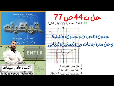 الأستاذ عادل عبيدات حل التمرين 44 صفحة 77 جدول التغيرات و الاشارة وحل متراجحة بيانيا أولى ثانوي علمي