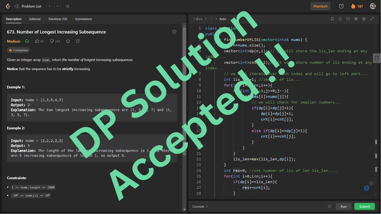 Number of LIS || Leetcode Daily Problem Solution || C++ - YouTube