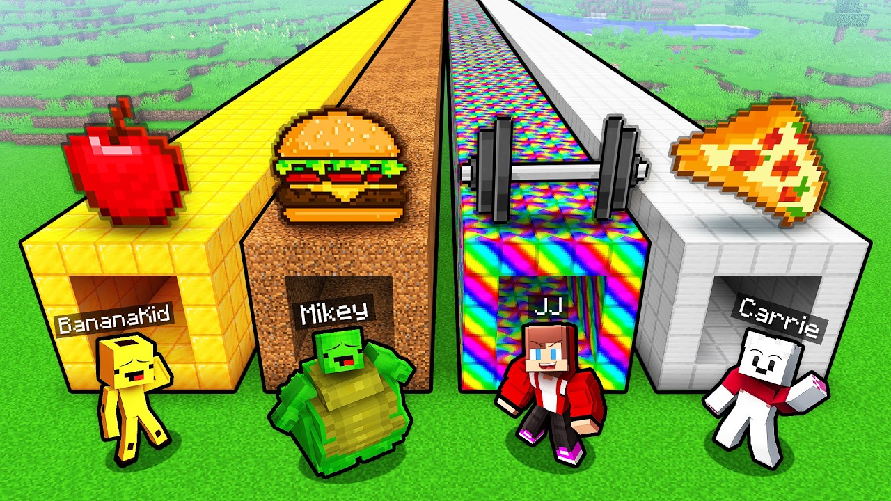 JJ and Mikey: FAT vs STRONG vs WEAK Tunnel Battle in Minecraft...