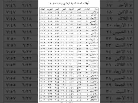 اوقات الصلاة لمدينة الرمادي وما حولها بالعراق لشهر رمضان 1445ه موافق آذار ونيسان 2024م