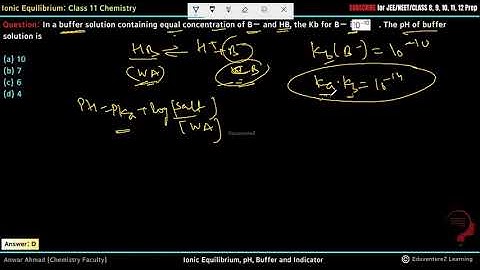 In a buffer solution containing equal concentration of B− and HB ,the Kb for B− is 10 −10 . The pH o