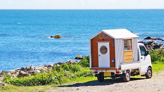 [car camping] Driving by the Sea & Cooking in the Kitchen for the First Time | Kei Truck Camper Trip