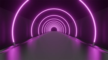 Neon tunnel of pink round arches on a dark background. Reflective floor. Video Loop | 10 minutes