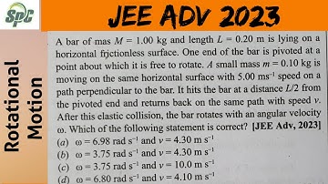 A bar of mass M = 1 kg and length L= 0.20 m is lying on a horizontal frictionless surface.  One end