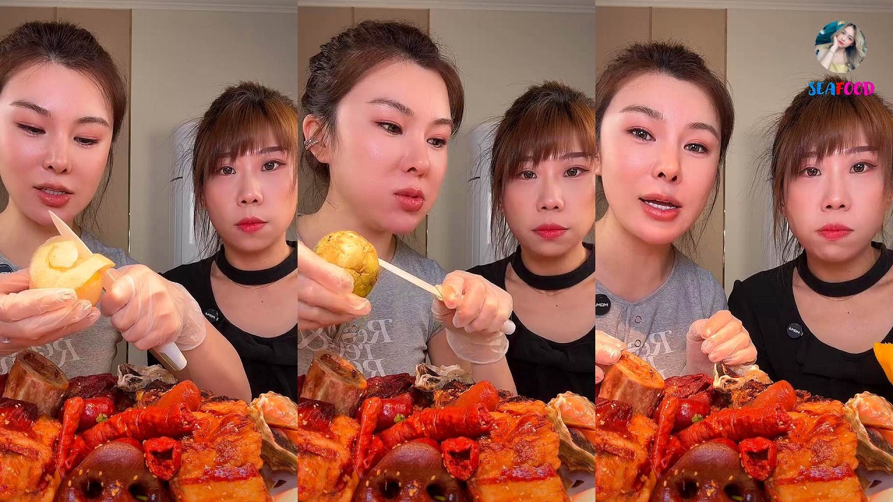 【大食い SEAFOOD】ASMR MUKBANG EATING SHOW 。도가니 새우 족발 양뇌 훙쏘우러우 먹방 中国 。N02。020326-2