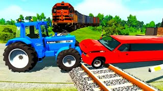 DOUBLE FLATBED TRAILER TRUCK VS SPEEDBUMPS - TRAIN VS CASE TRACTOR TRANSPORTING - BeamNG.drive #156