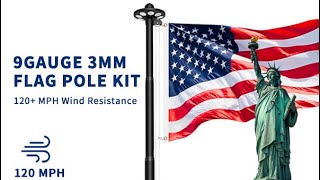 Commercial Upgraded 9 Gauge Heavy Duty Flag Pole Kit with 136 LED Ultra Bright Solar Light, 20FT
