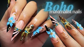 🦋🐆 Boho maximalist nails ⟡ polygel nail extensions ❤︎ fall nail art + 3d flowers ✨