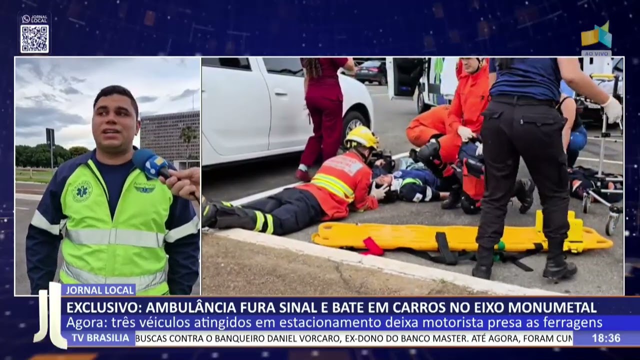 JL - Urgente: ambulância fura sinal vermelho e bate em carros no Eixo Monumental