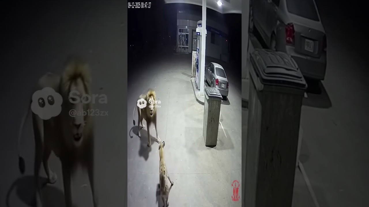 “CCTV Captures Lion vs. Hyena at Midnight 🐾 | Real Gas Station Footage”