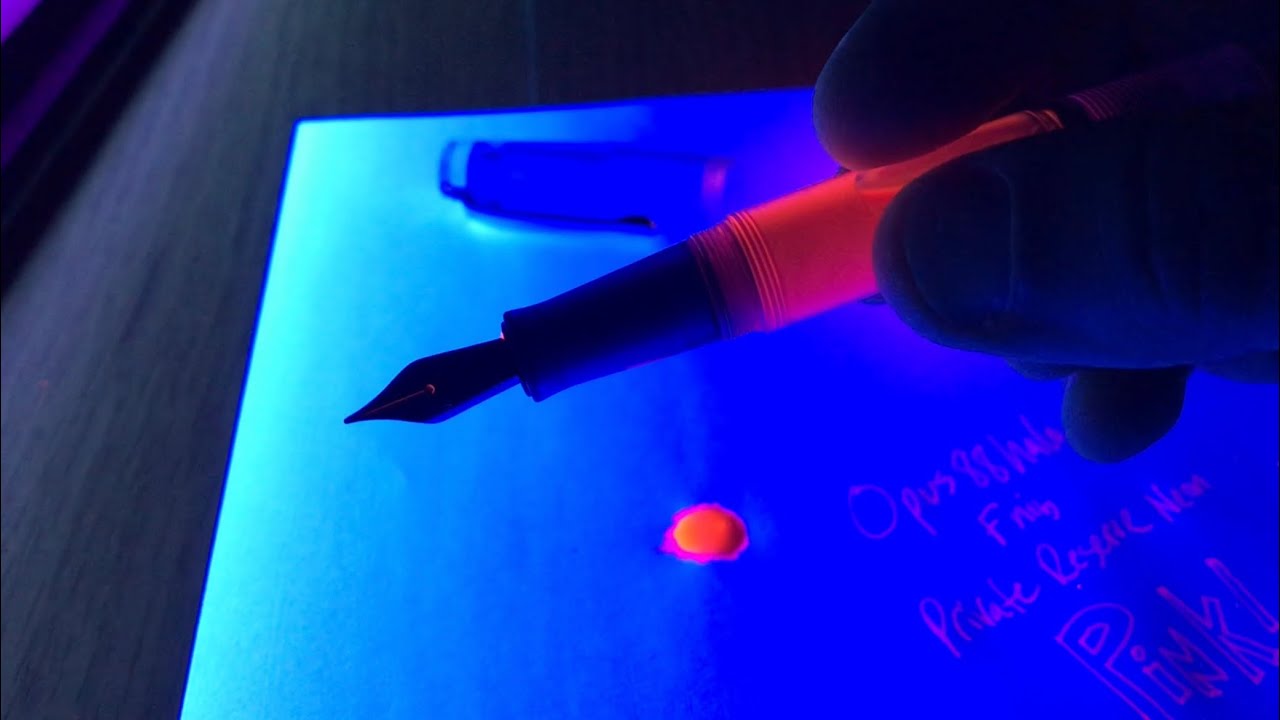 Private Reserve Neon Pink Ink in an Opus 88 Demonstrator Fountain Pen (and a black light!)