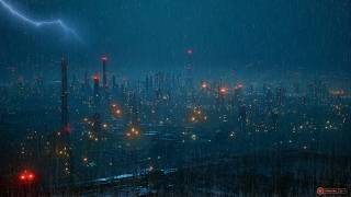 Heavy Rain &amp; Thunder in a Dystopian City | Dark Ambience for Deep Focus &amp; Sleep