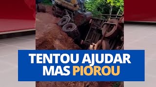 Carreta tem pneus furados ao maquinista tentar desvirar veiculo