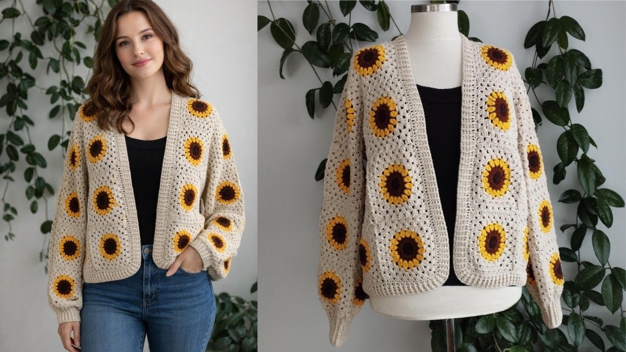 AYÇİÇEĞİ MOTİFLİ HIRKA 🌻 2. BÖLÜM / SUNFLOWER GRANNY SQUARE CROCHET CARDIGAN