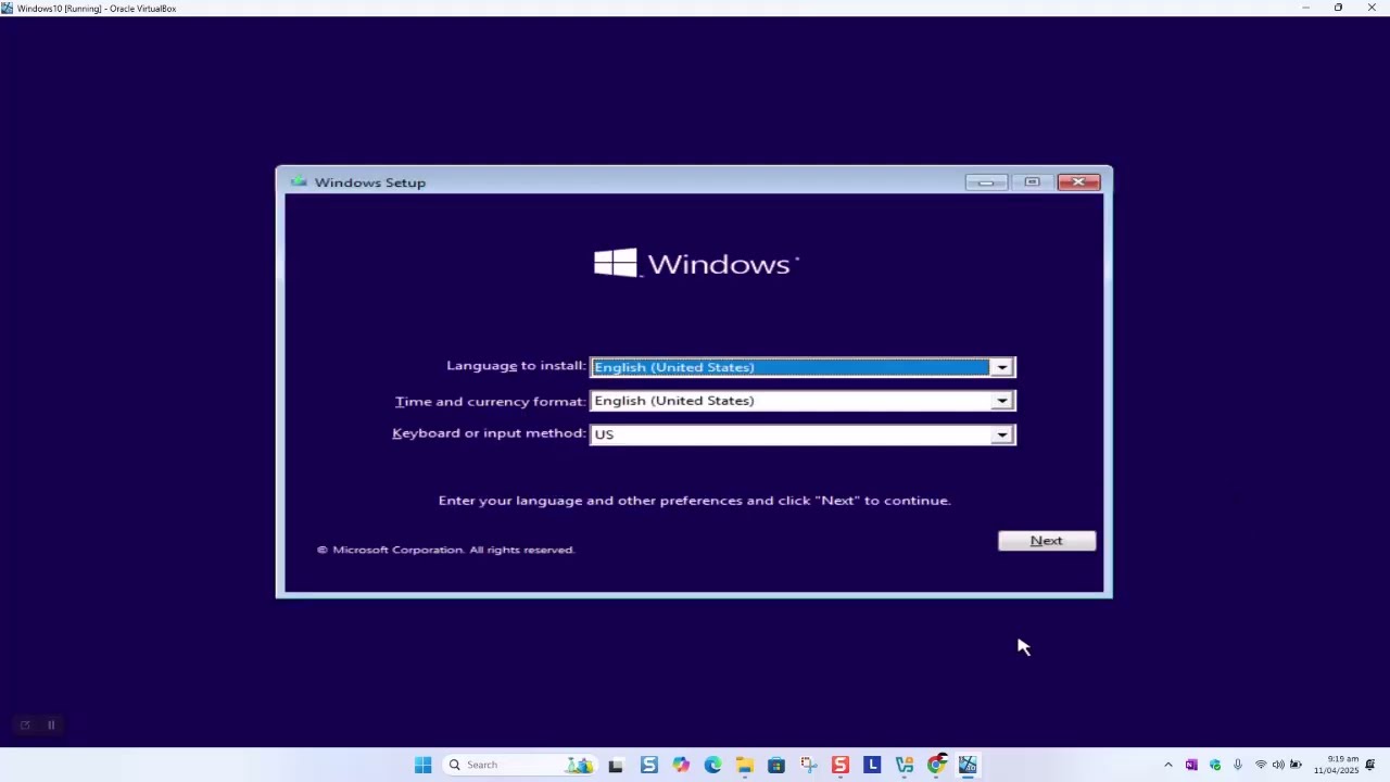 Windows 10 installation on a virtual machine
