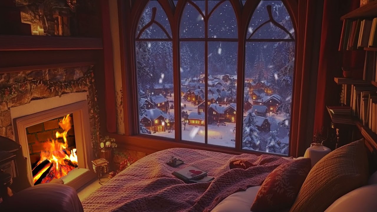 Quiet Winter Bedroom Nights with Soft Wind and Steady Fireplace Warmth