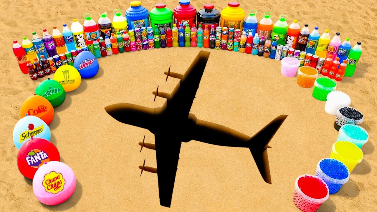 Big Toothoopaste Eruption from Giant Plane, Balloons of Sodas, Mtn Dew, Fanta, Coca Cola vs Mentos