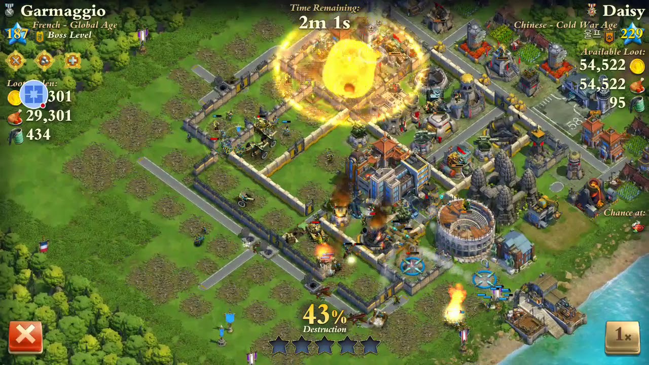 Global Age 5 star attack on Cold War base (level 187 vs 229)