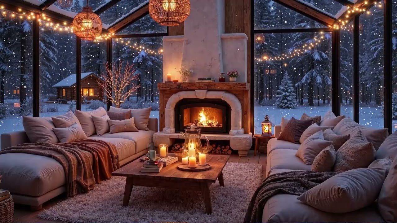 Snowy Jazz Forest & Cozy Cabin in Winter ❄️🔥 Glowing Fireplace Ambience & Soft Piano Music to Relax