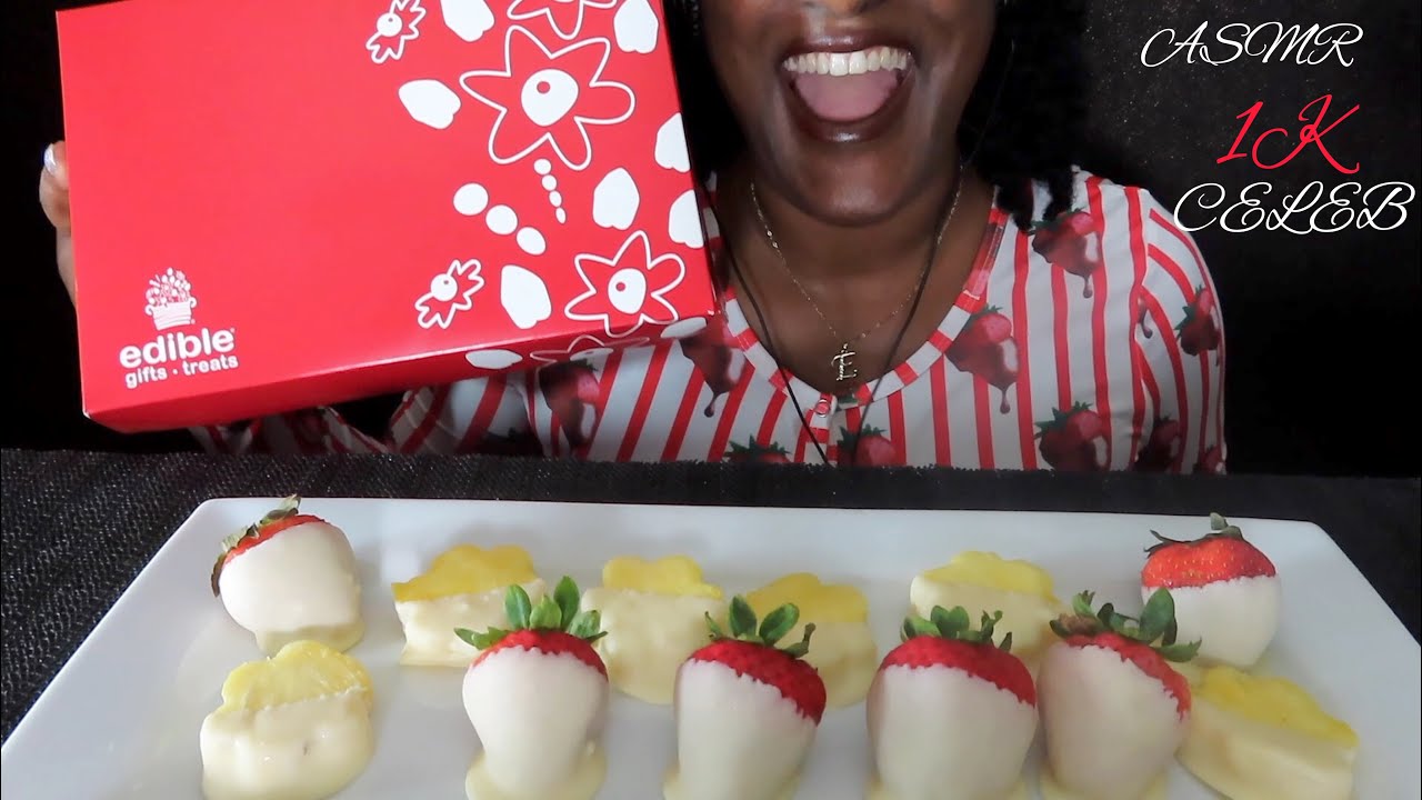 ASMR EATING EDIBLE ARRANGEMENTS CHOC.COVERED STRAWBERRIES