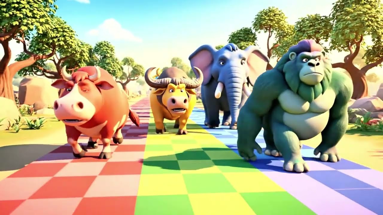 Long Slide Game With Cow Elephant Gorilla Hippopotamus Tiger - 3d Animal Game - Funny 3d Animals