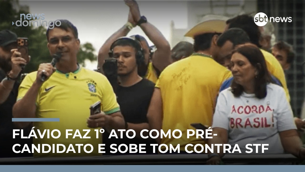 Flávio Bolsonaro faz 1º ato como pré-candidato ao Planalto, ataca STF e mira Lulinha | #NewsDomingo