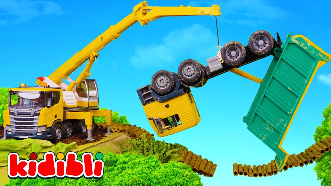 Dschungelbrücke Rettung : Kipper vs. Bagger 🚧 Baustellenfahrzeuge für Kinder im Einsatz | Kidibli