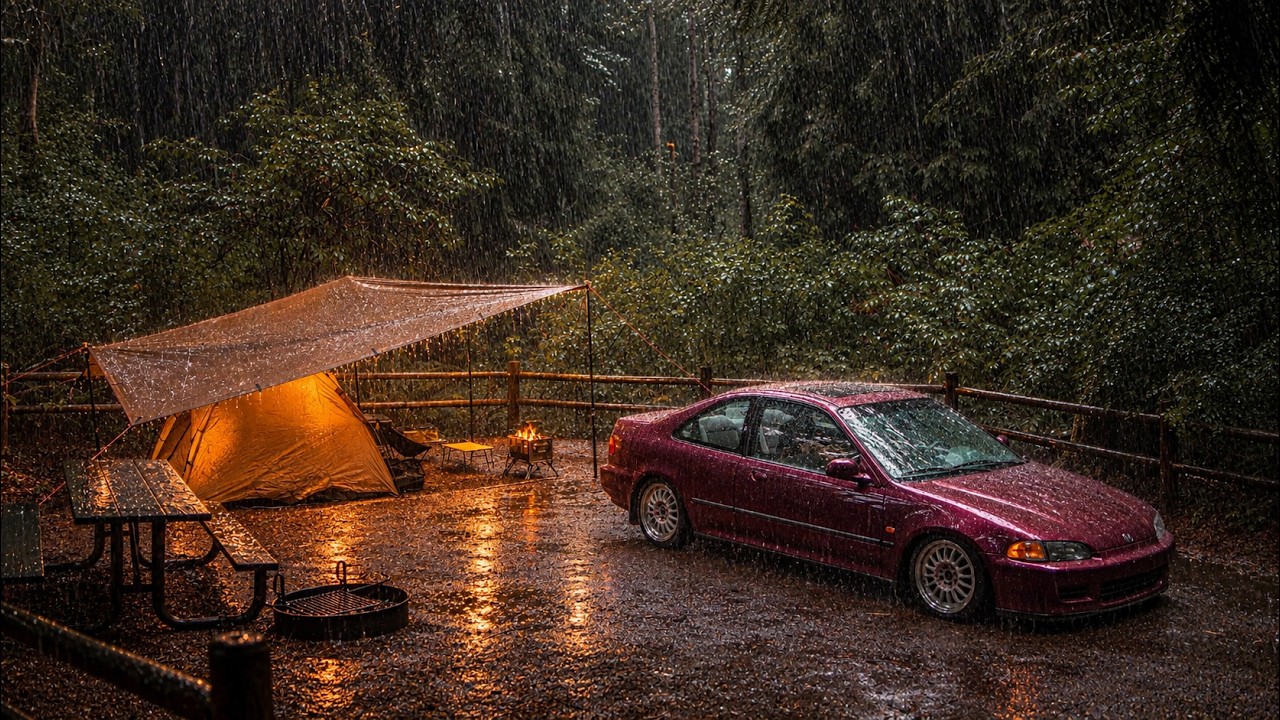 ⁣Heavy Rain Solo Camping with touch of 90's Nostalgia | ASMR Cooking & Setup