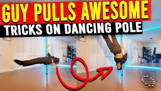 Guys Pulls a Backflip Into Planche Then a Backlever on a Dancing Pole