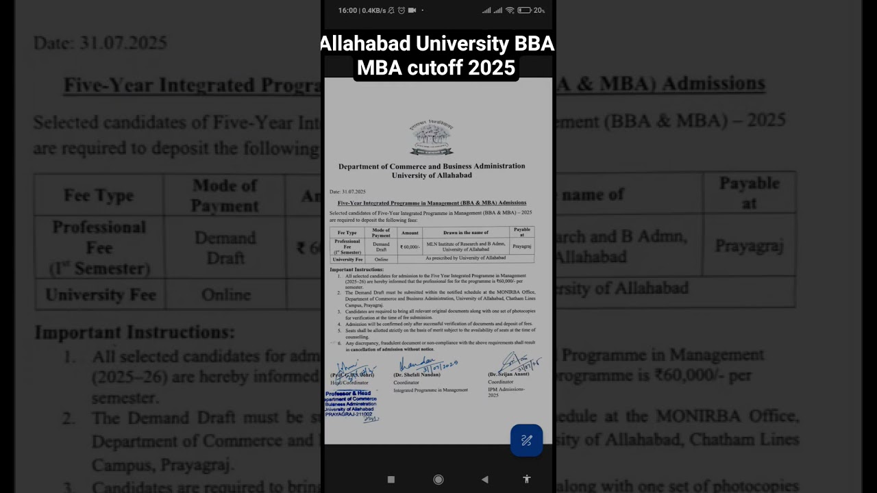 allahabad University BBA MBA cutoff 2025 