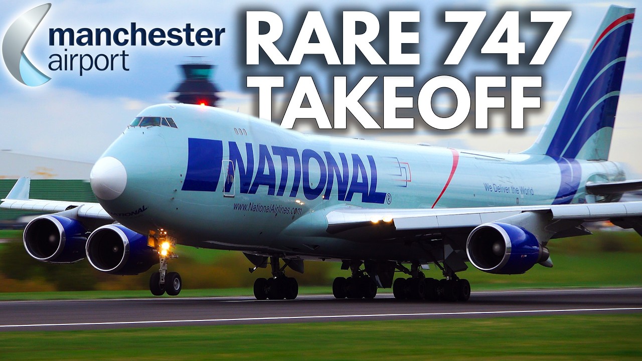 (4K) Boeing 747-400F авиакомпании National Airlines КРУПНЫЙ ПЛАН Взлет в аэропорту Манчестера (с ...