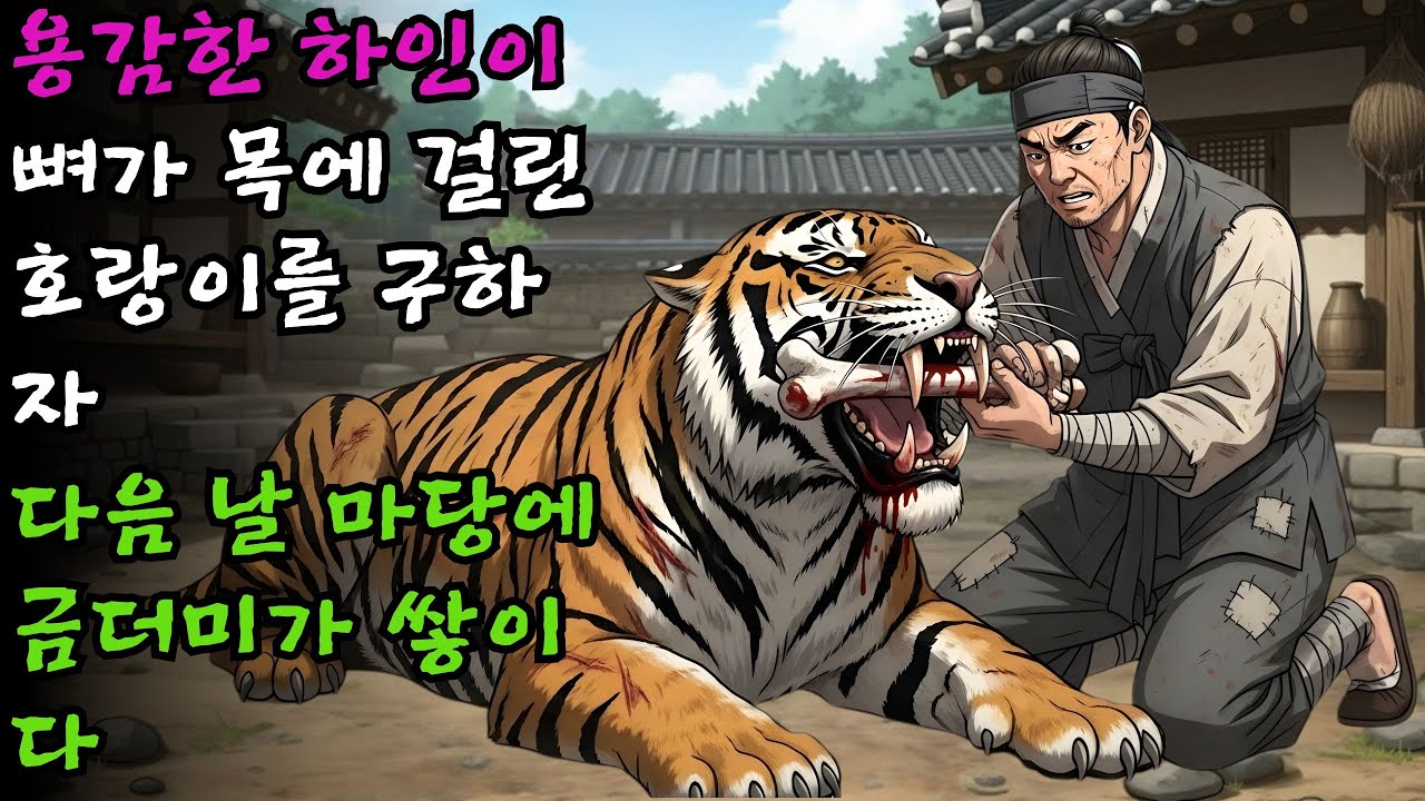 용감한 하인이 맹호의 목에 걸린 뼈를 꺼내 구해 주었고, 며칠 뒤 집 마당에 쌓인 금더미를 보고 기절하다