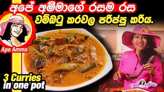  අපේ අම්මාගේ රසම රස වම්බටු කරවල පරිප්පු කරිය 3 curries in one pot by Apé Amma (Wambatu karavala)