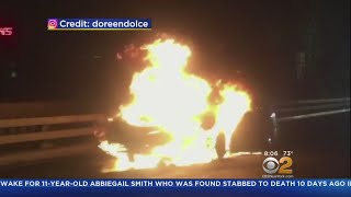 Fire Engulfs Car On The Brooklyn Bridge