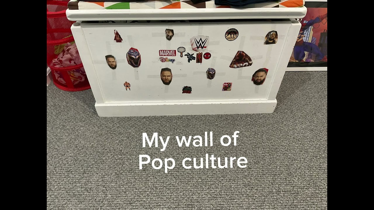 My brand new wall of pop culture (on my toy box)