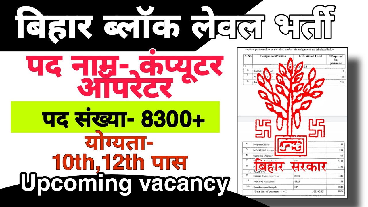 बिहार में ब्लॉक लेवल भर्ती,Bihar block level vacancies|computer operator& rojgar sewak etc post,2020