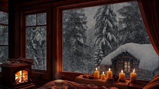 Fireplace Burning with Peaceful Snowstorm by the Window | Soft Candlelight& Relaxing Snowfall Sounds