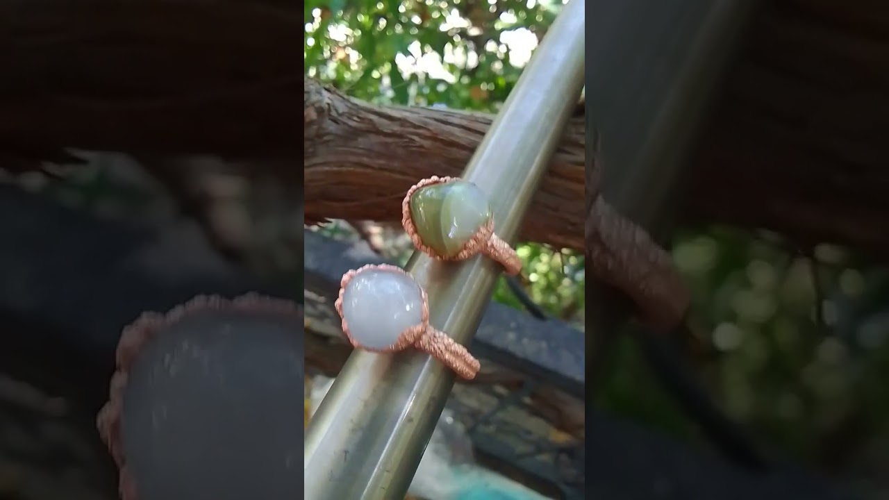 Natural cabochon cut milk opal and green agate ring.