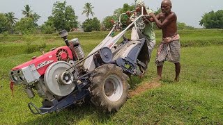 While going to prepare nursery for rainy season rice farming || Grassy land tilling by power tiller