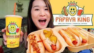 BEST HOT DOG IN NEW YORK! Papaya King Hot Dogs & Tropical Drinks - Cheesy Bacon Dog - Mukbang Eating