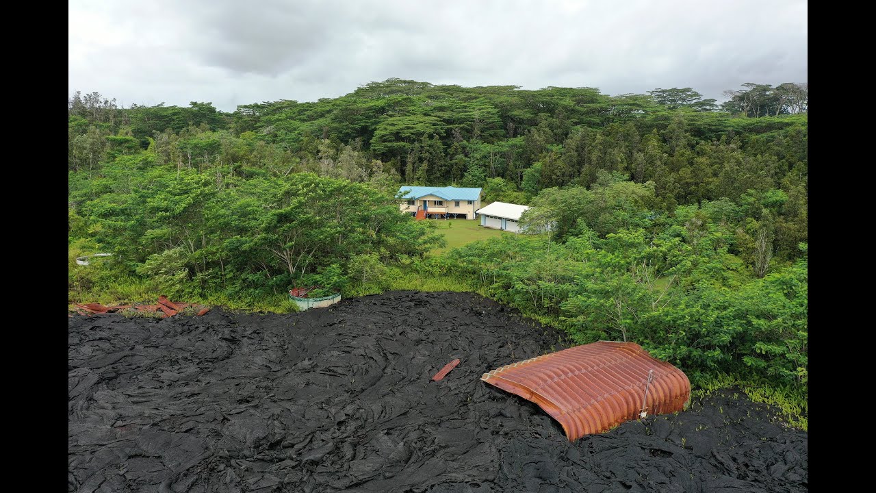 Drone Above Hawaiian Neighborhood Buried in Lava - Big Island's 2018 Volcanic Eruption (Puna)
