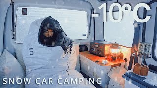 [NO MUSIC]SNOW CAR CAMPING:Snow field at the top of a mountain. Alone in a small car spending night.