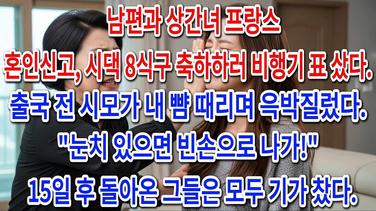 남편과 상간녀 프랑스 혼인신고, 시댁 8식구 축하하러 비행기 표 샀다. 출국 전 시모가 내 뺨 때리며 윽박질렀다. "눈치 있으면 빈손으로 나가!" 15일 후...| 사연 이야기 |