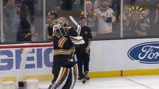 Jeremy Swayman Improvises With Self Hug In Absence Of Linus Ullmark For Celly