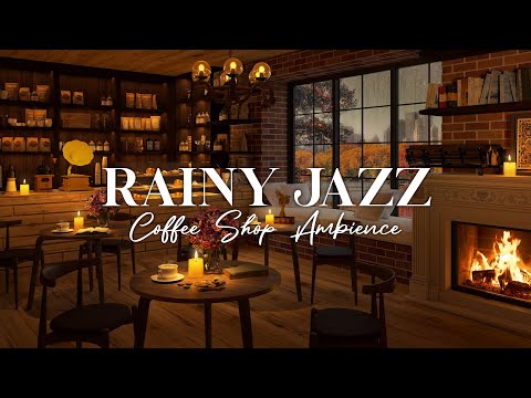 Rainy Day at Cozy Coffee Shop with Smooth Jazz Music, Fireplace and Rain Sounds for Relax & Study