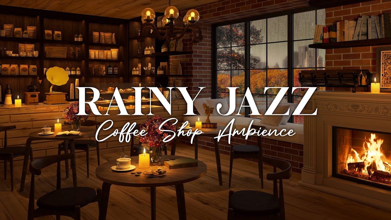 Rainy Day at Cozy Coffee Shop with Smooth Jazz Music, Fireplace and ...