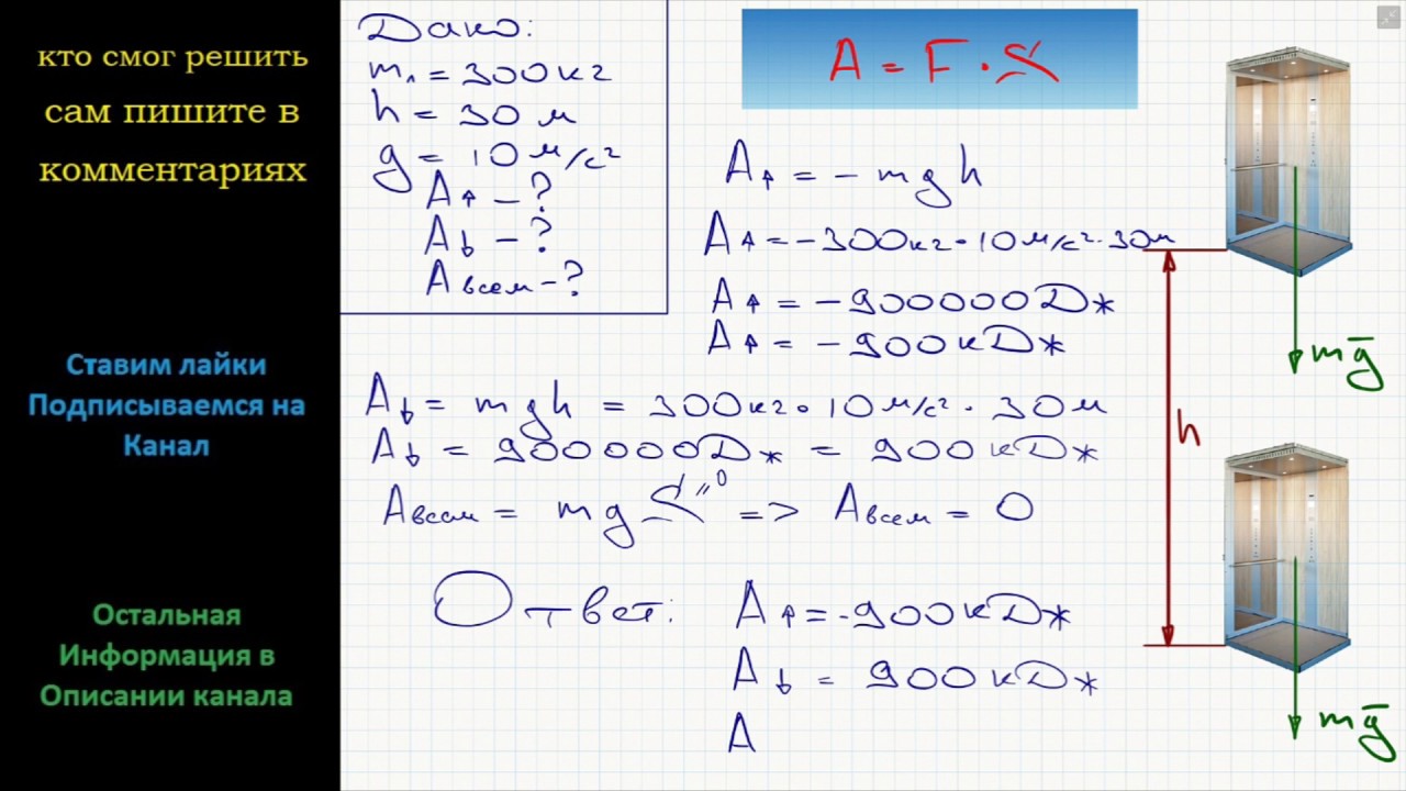 Физика Лифт массой 300 кг поднимается на 30 м, а затем возвращается ...