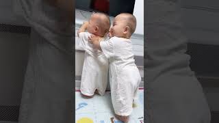 The Younger Brother Grabbed His Twin Brother's Clothes And Got Up To Hug Him #baby #cute#funny#twins