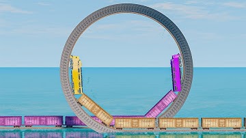 Colorful Trains Vs Cringe 360 Loop Impossible Circle Rails Tracks Crossing Deepwater | BeamNG.drive